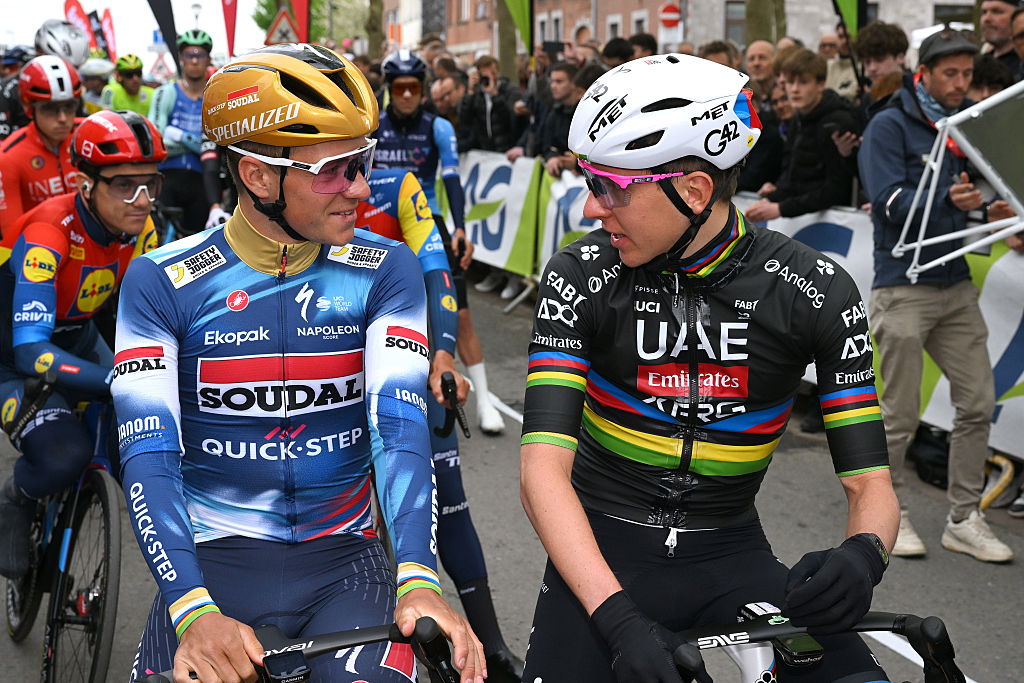 CINEY, BELGIUM - APRIL 23: (L-R) Remco Evenepoel of Belgium and Team Soudal Quick-Step and Tadej Pogacar of Slovenia and UAE Team Emirates XRG prior to the 89th La Fleche Wallonne 2025 a 205.1km one day race from Ciney to Huy / #UCIWT / on April 23, 2025 in Ciney, Belgium. (Photo by Dario Belingheri/Getty Images)