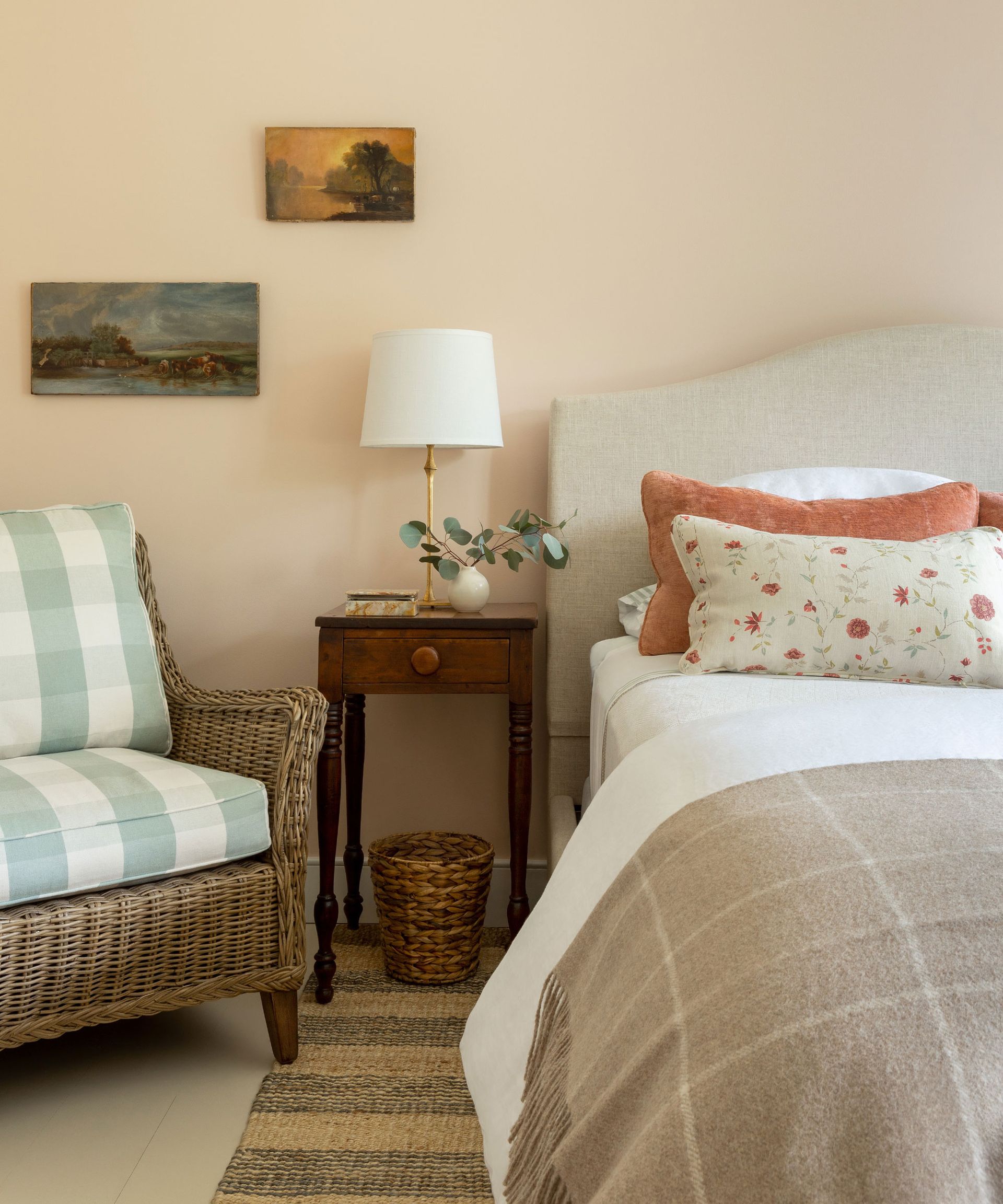 Cozy bedroom with artwork on walls