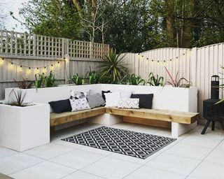 white garden seating area