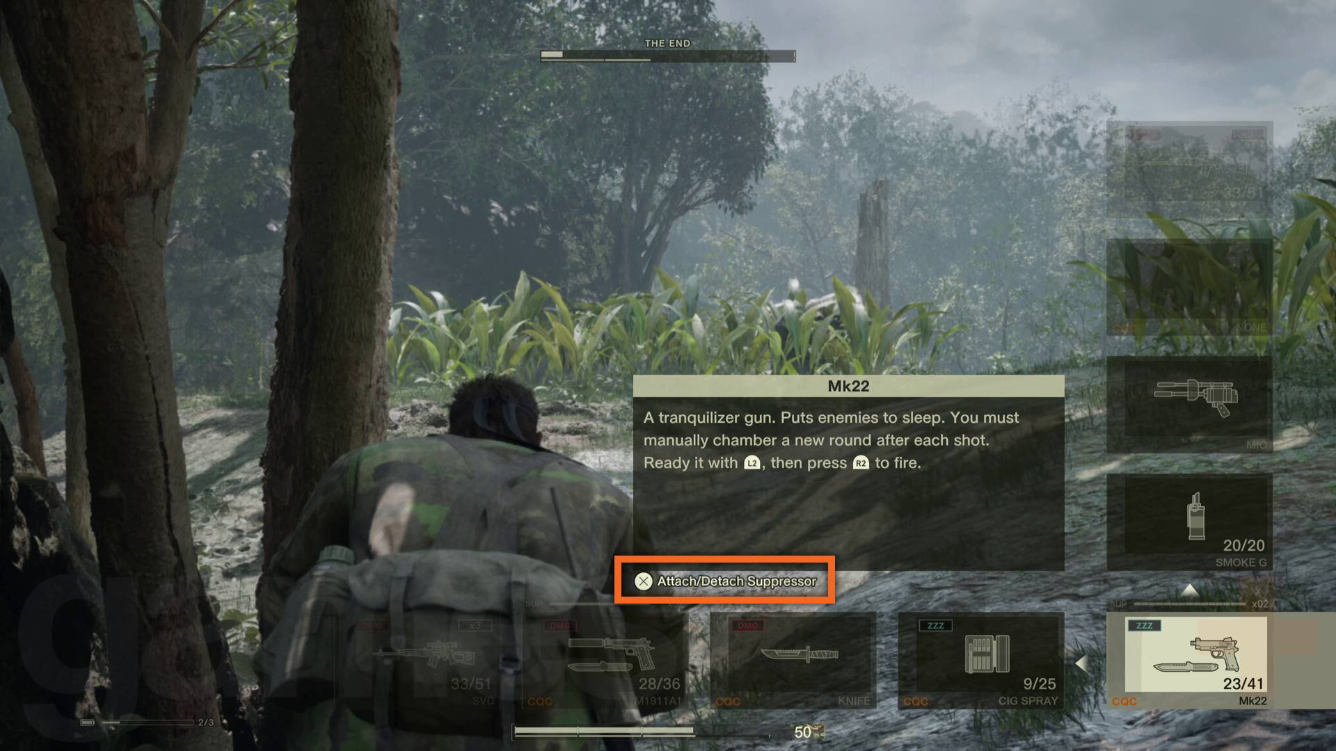Metal Gear Solid Delta: Snake Eater tips attach suppressor weapon option highlighted