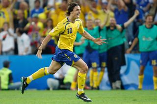 Zlatan Ibrahimovic celebrates after scoring for Sweden against Greece at Euro 2008.