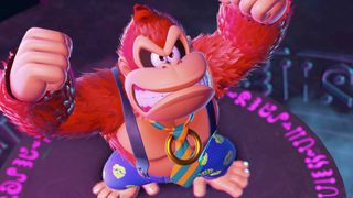 Donkey Kong Bananza DK looking angry ready to beat his chest to create a music beat
