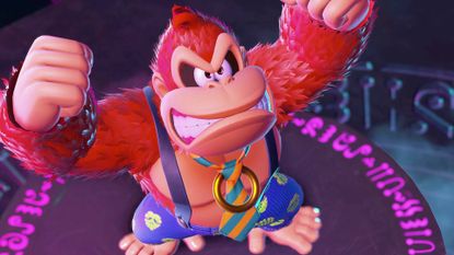 Donkey Kong Bananza DK looking angry ready to beat his chest to create a music beat