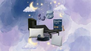 The collage shows the Eight sleep Pod 5, Saatva Latex Pillow, Loop Dream Earplugs, Breath Right strips, Sleep Number wedge pillow and Tempur-Pedic Tempur-Pedic Ergo Smart base on a night sky background