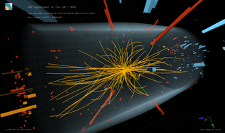 A collision recorded by the CMS experiment in 2011 that was a candidate for Higgs data.