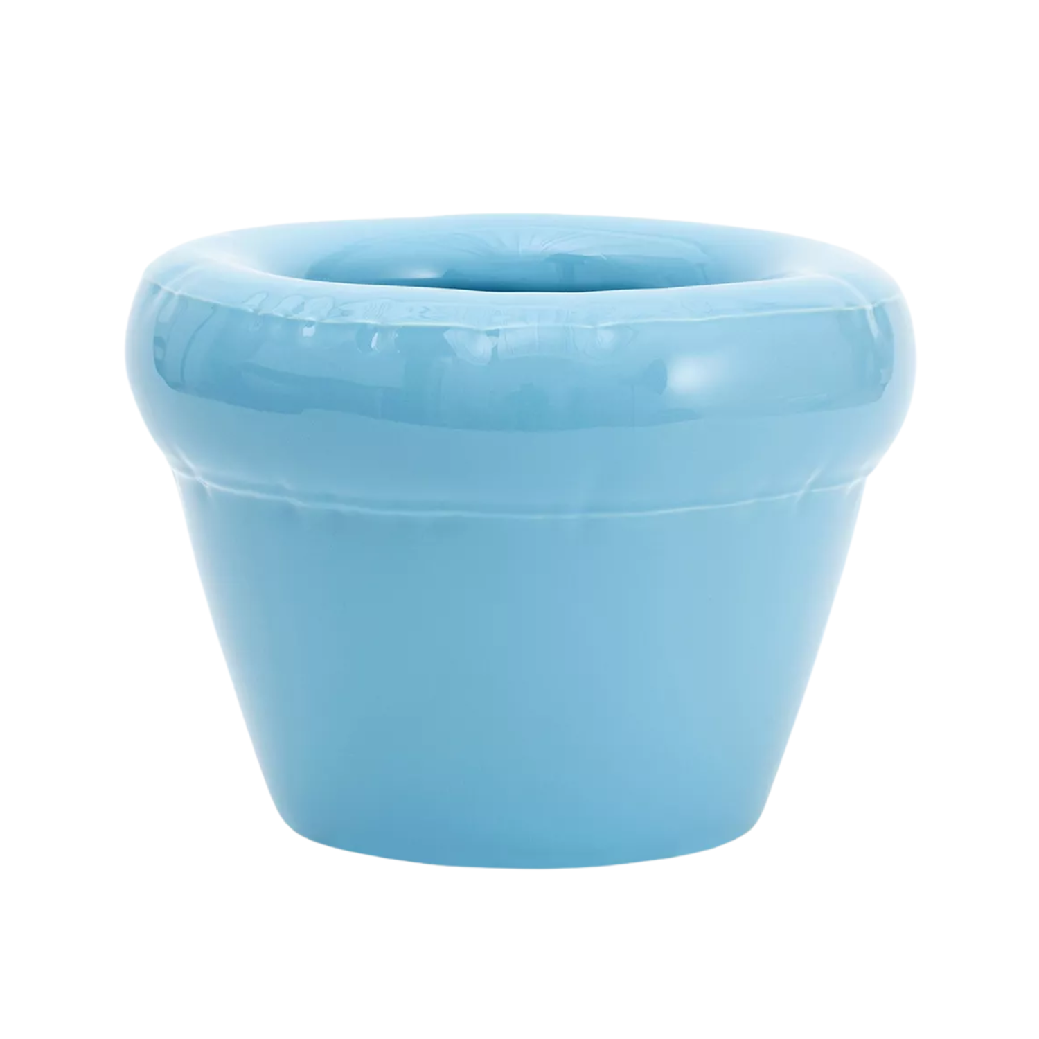 A sky blue ceramic planter with a sheen and an inflated look