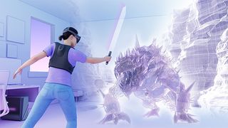 A render mockup of a woman playing a VR game wearing the ASUS ROG VR headset running Meta Horizon OS.