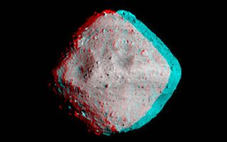 A stereo image of the asteroid Ryugu designed to be viewed with red/blue glasses.