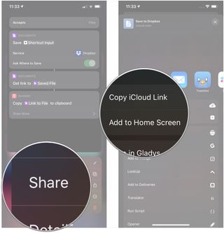 Share shortcuts from library, showing how to tap Share, then tap a sharing option