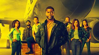 The movie poster for Netflix's Lift movie with Kevin Hart standing in front of a plane
