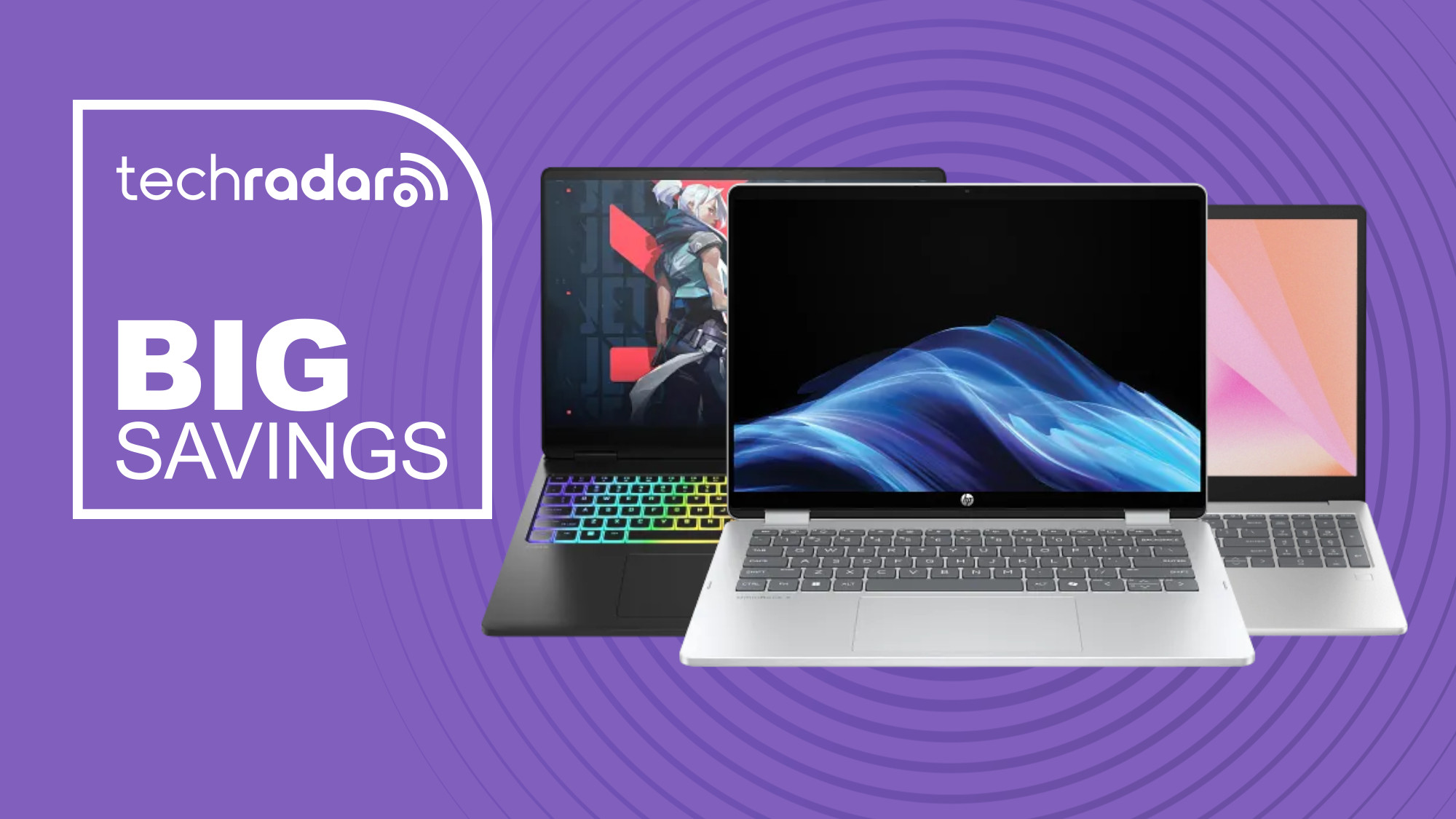 HP Omnibook, HP 15t, and HP Omen Max 16 laptops on purple background with big savings text overlay