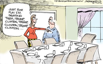 Political cartoon U.S. Thanksgiving dinner seating Donald Trump Hillary Clinton