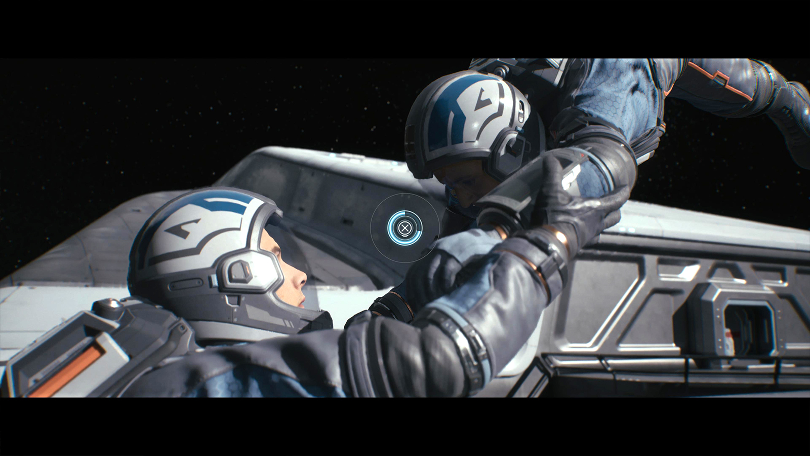 Screens from video game Directive 8020, people in a crashed space ship