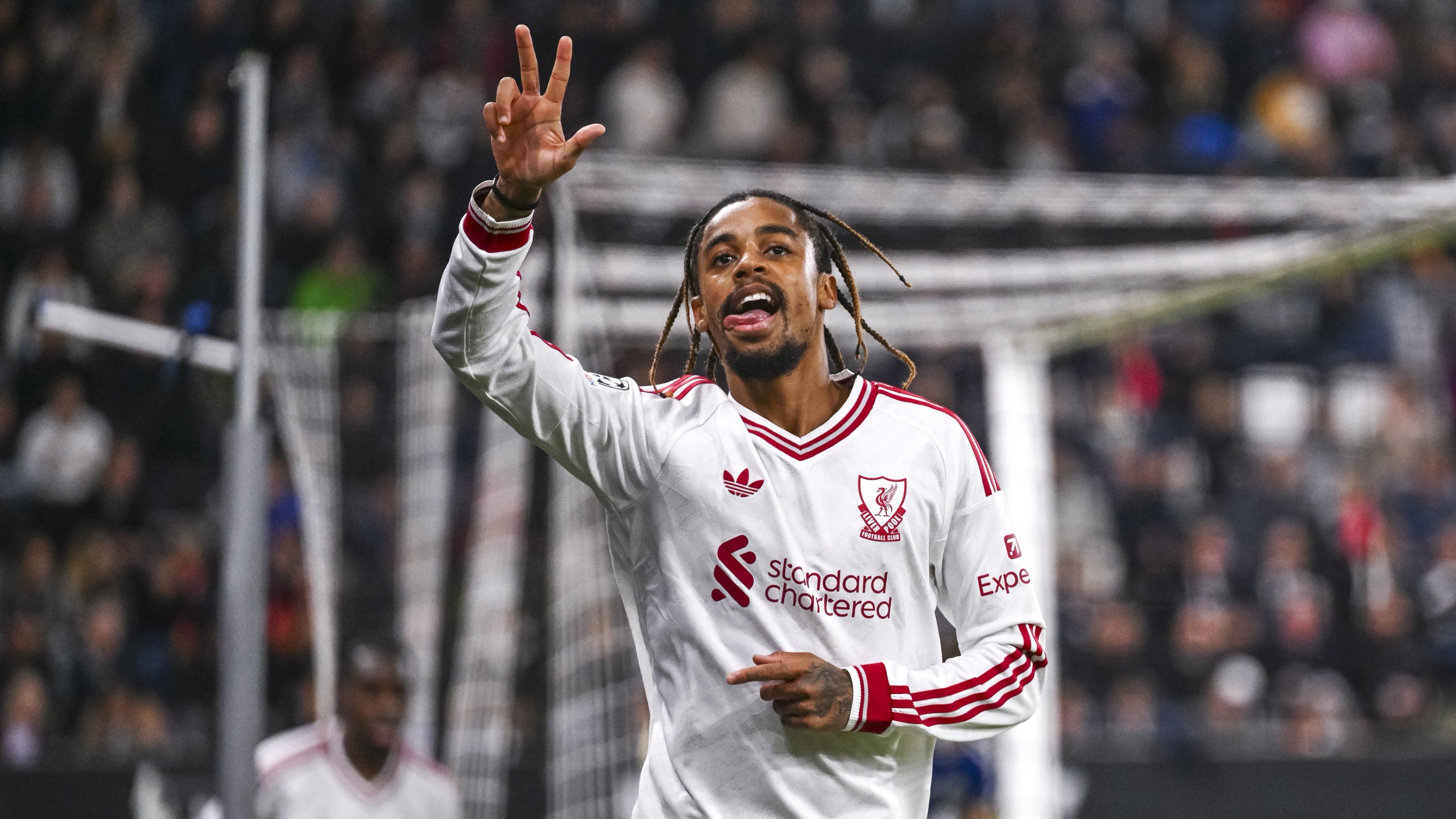 Bradley Barcola celebrates hit hat-trick goal for Liverpool
