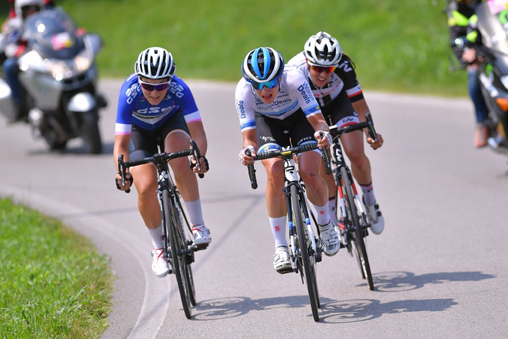 Giro Rosa stage 8 breakaway: Elisa Longo Borghini of Italy and Team Wiggle High5 Blue Best Italian Rider / Marianne Vos of The Netherlands and Team WaowDeals Pro Cycling / Lucinda Brand of The Netherlands and Team Sunweb