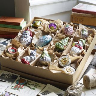 vintage christmas decorations in a box