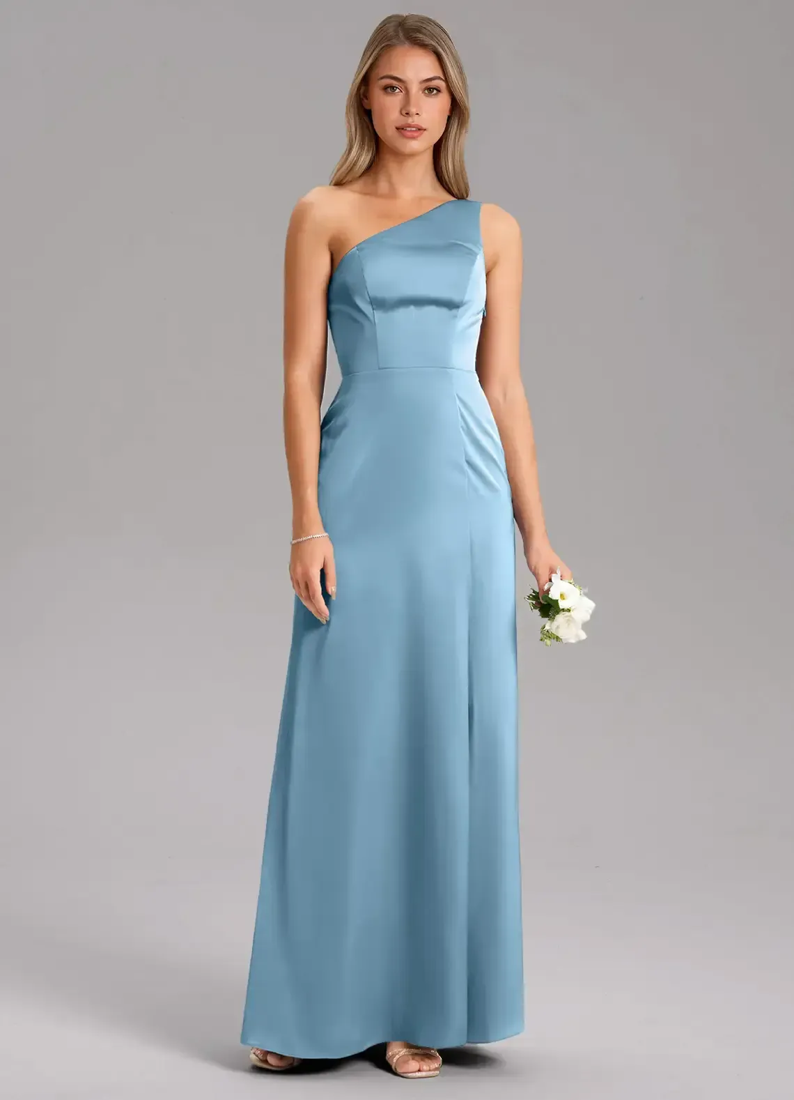 Azazie, Steel Blue A-Line One Shoulder Stretch Satin Dress