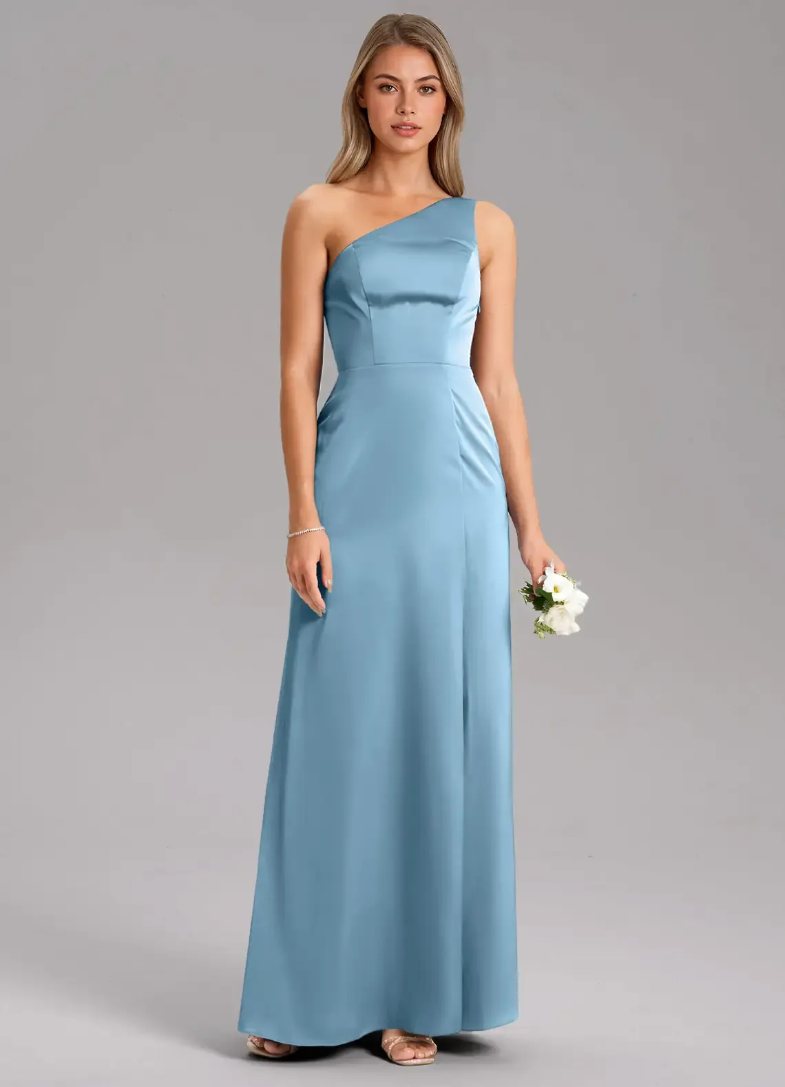 AZAZI, Steel Blue A-Line One Shoulder Stretch Satin Dress