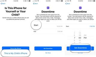 To set up Screen Time for your child directly on a device, launch the Settings app, tap This is My Child's iPhone/iPad, then choose Start. Choose a start time. Tap Start again for the End time. Save settings by tapping Set Downtime