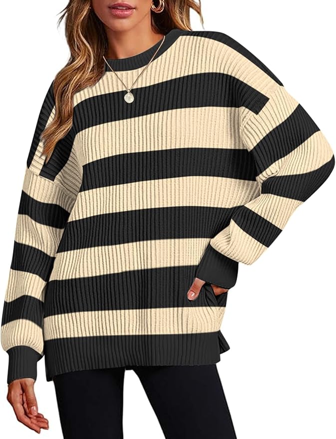 Zeagoo, Zeagoo Women 2024 Winter Oversized Sweater Crew Neck Long Sleeve Color Block Pullover Rib Knit Blouse Tops Black Nude Stripe Xx-Large