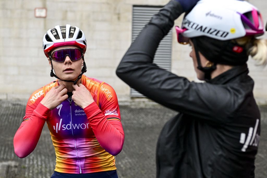 Belgian Lotte Kopecky of SD Worx and Dutch Demi Vollering of SD Worx during the preparations of several teams on the track two days ahead of the 107th edition of the Tour of Flanders cycling race in Oudenaarde on March 31 2023 Photo by DIRK WAEM Belga AFP Belgium OUT Photo by DIRK WAEMBelgaAFP via Getty Images