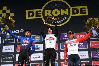 Tadej Pogačar with Mathieu van der Poel and Mads Pedersen on the Tour of Flanders podium