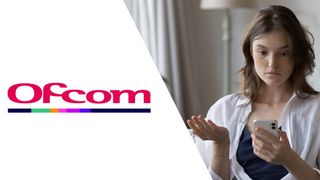 The Ofcom logo next to a woman looking at her phone confused