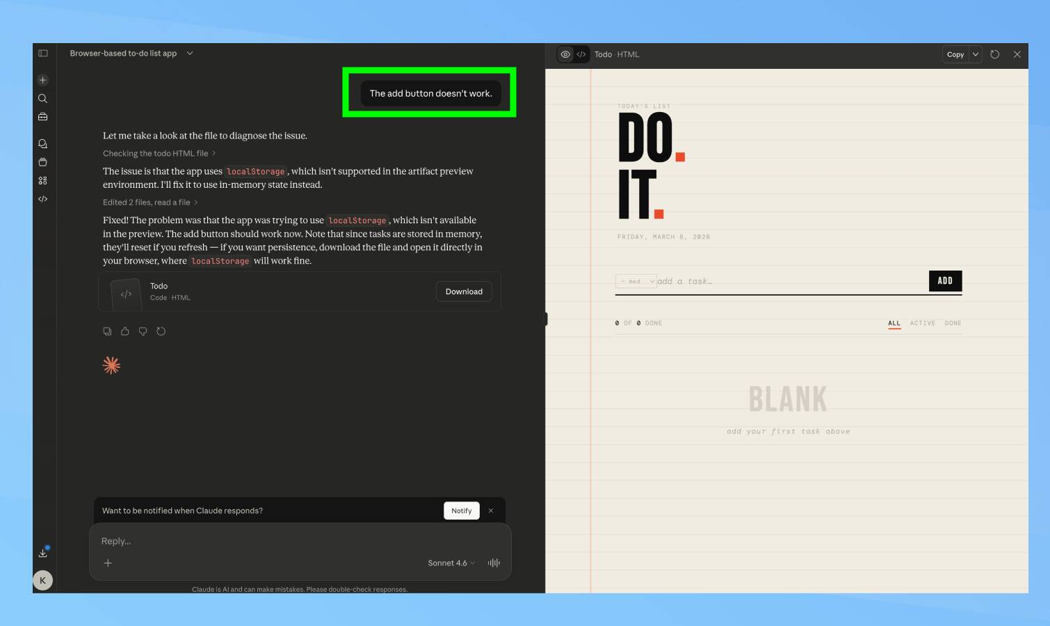 Vibe-coding testing prompt in Claude