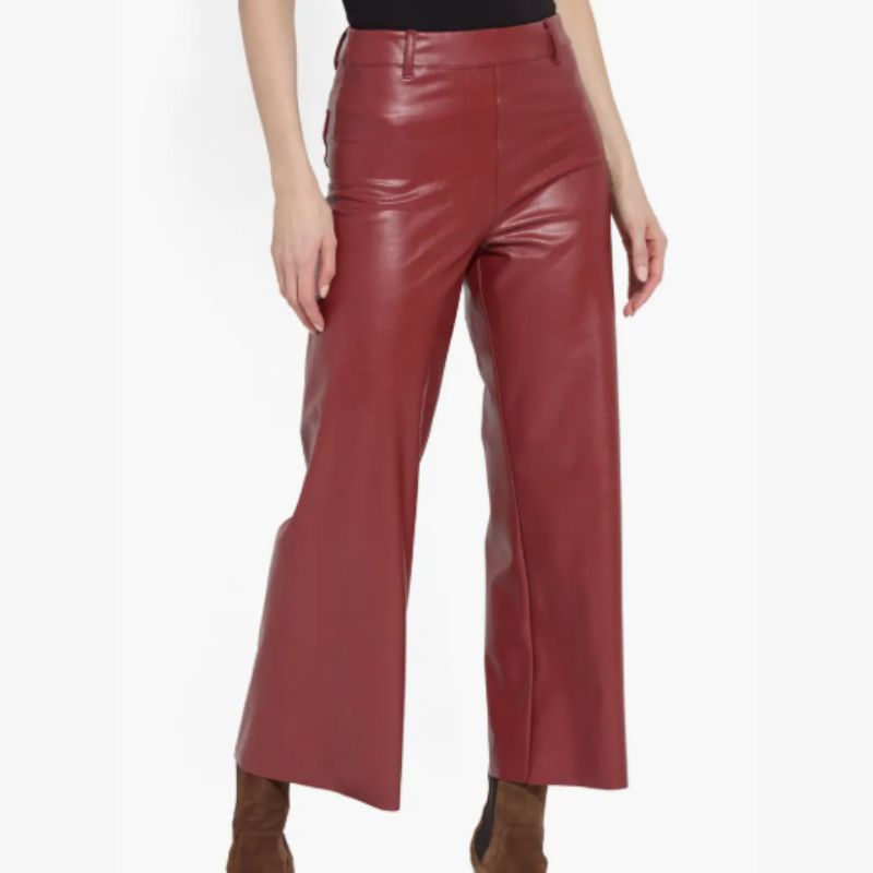 red faux leather trousers