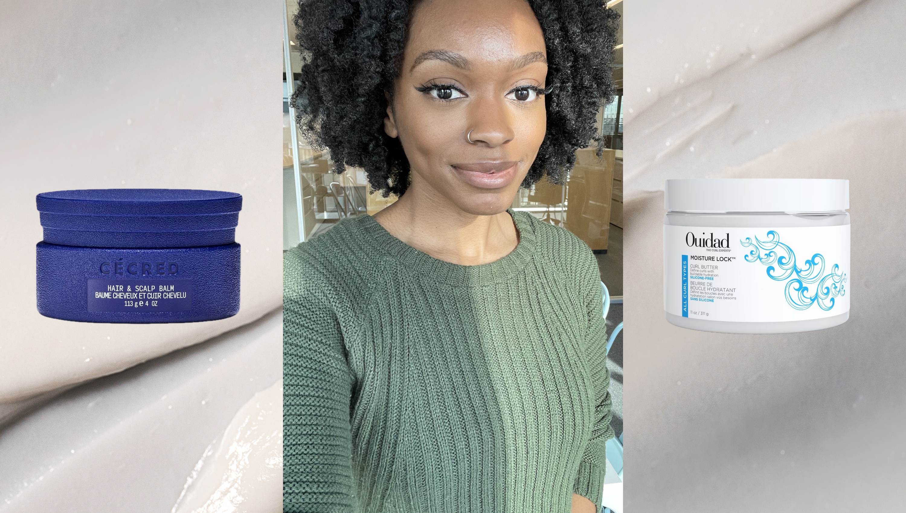 hair butter jars on a silver backdrop next to a woman with curly hair in a green sweater