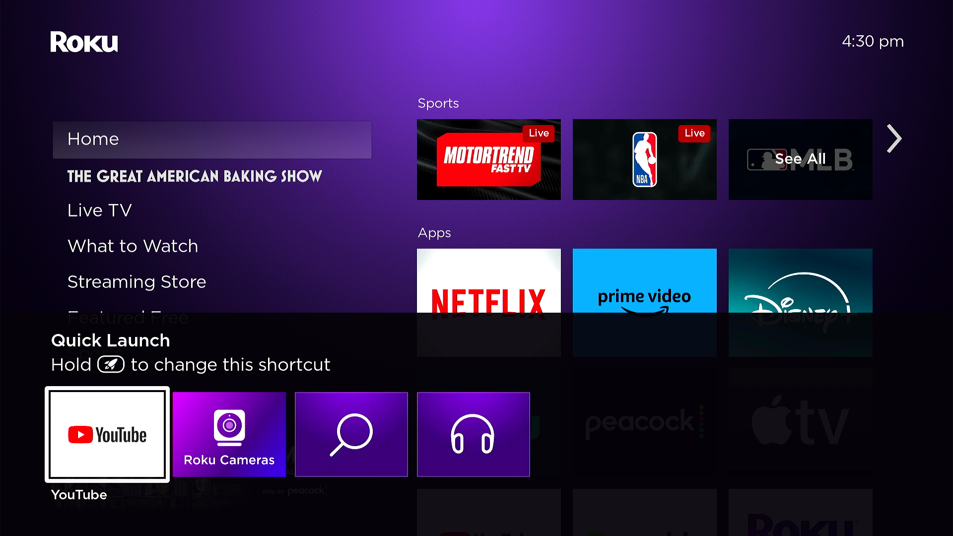 A screenshot of the new Quick Launch menu that can be accessed using the Roku Voice Remote Pro (2nd Gen)