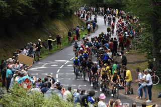 The peloton chased hard in the Massif Central