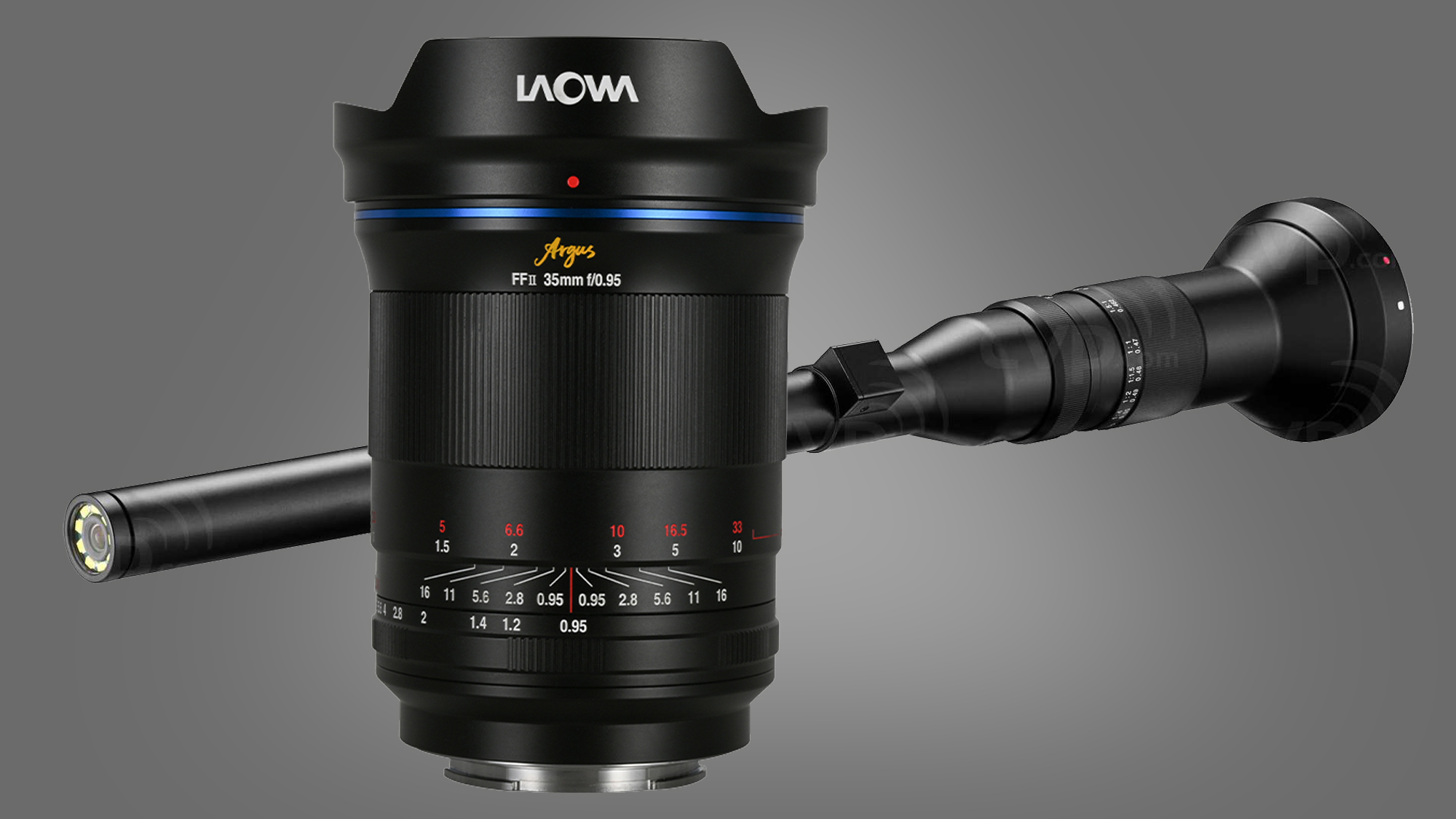 Two Laowa camera lenses on a grey background