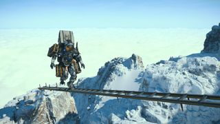 Sam balances across a ladder high up in the mountains in Death Stranding 2