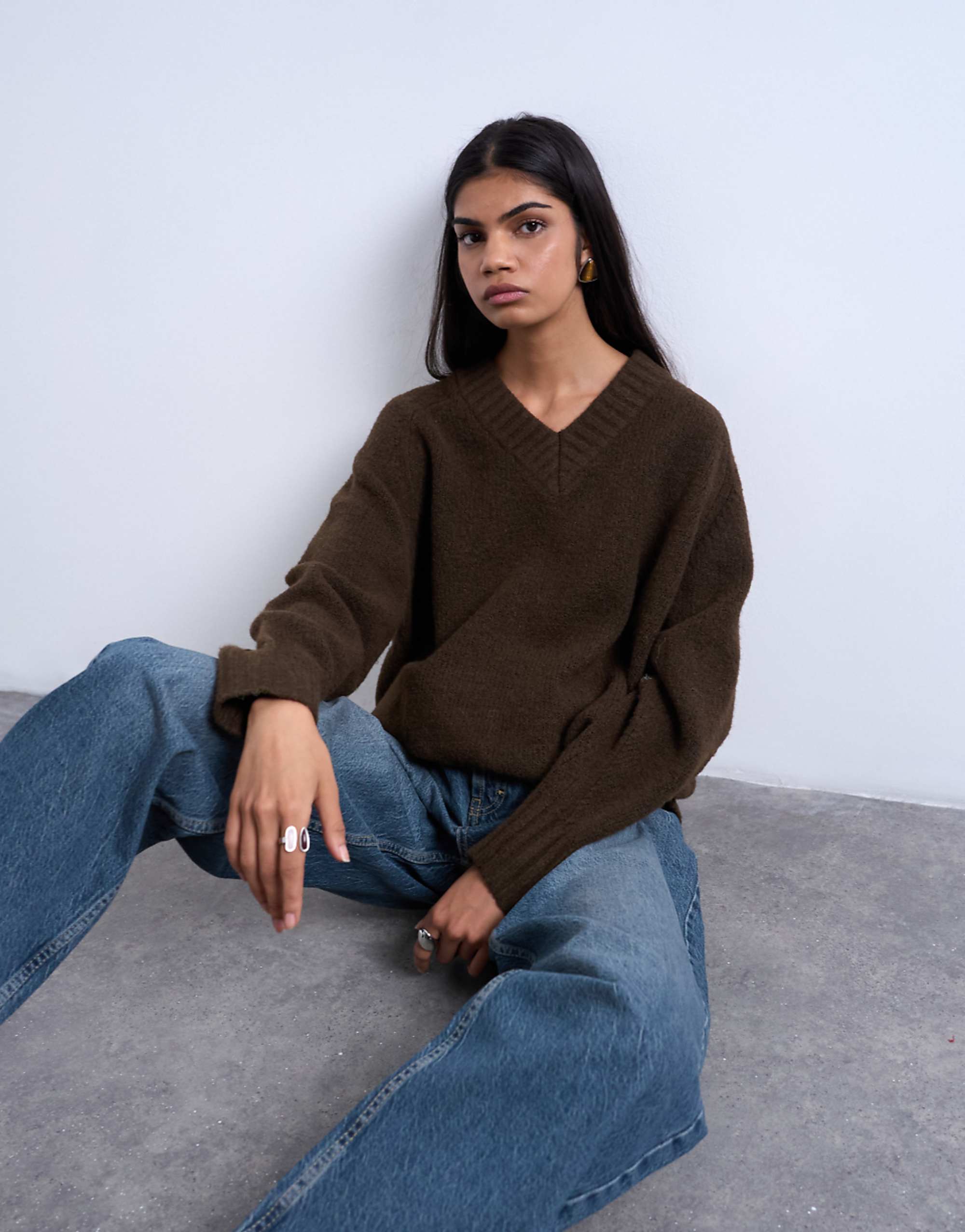 Topshop Knitted Clean V-Neck Jumper in Chocolate