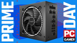 A Be Quiet Pure Power 13 M 1200 W power supply on a blue and red Prime Day deals background