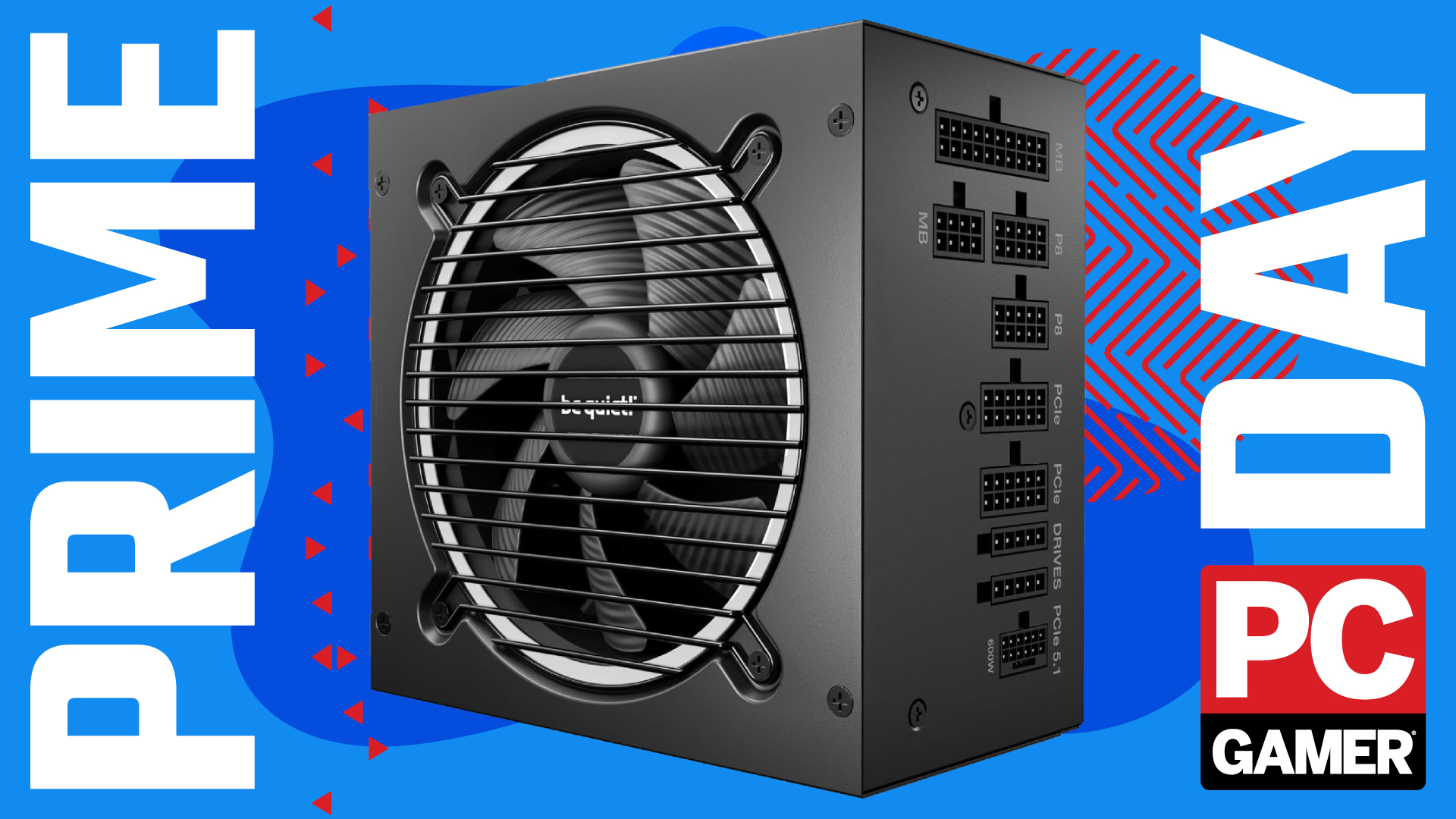 A Be Quiet Pure Power 13 M 1200 W power supply on a blue and red Prime Day deals background