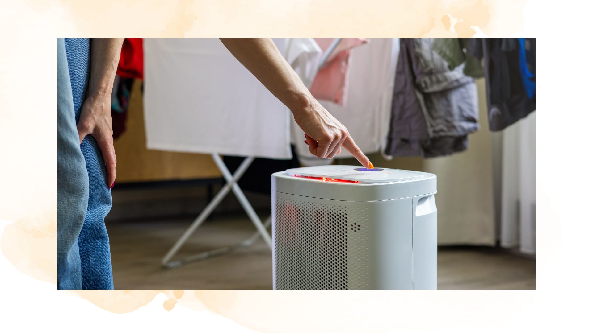  picture of woman turning on dehumidifier in home