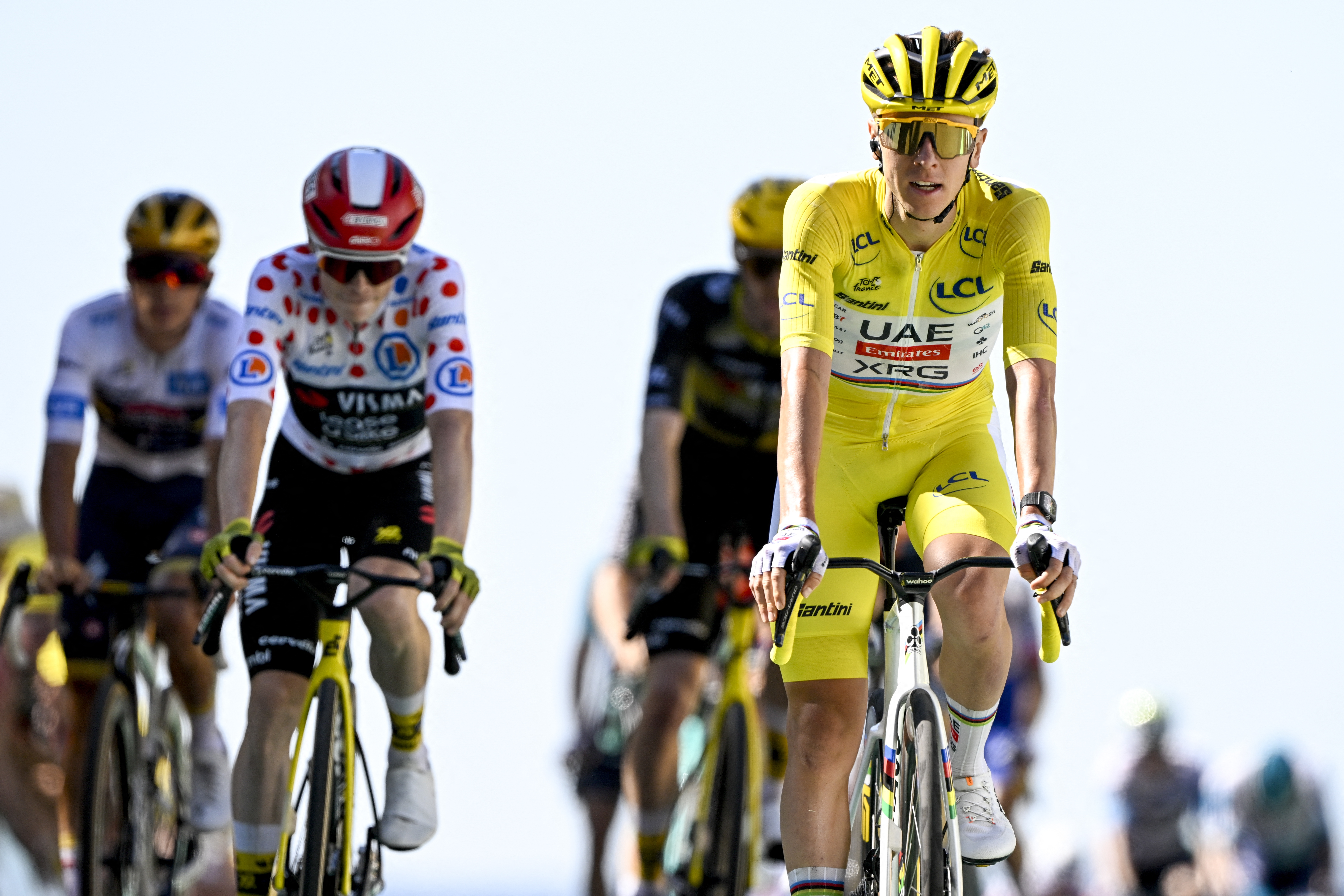Slovenian Tadej Pogacar of UAE Team Emirates pictured during stage six of the 2025 Tour de France cycling, from Bayeux to Vire Normandie (201 km), on Thursday 10 July 2025 in France. The 112th edition of the Tour de France starts on Saturday 5 July in Lille, France, and will finish in Paris, France on the 27th of July. BELGA PHOTO JASPER JACOBS (Photo by JASPER JACOBS / BELGA MAG / Belga via AFP)