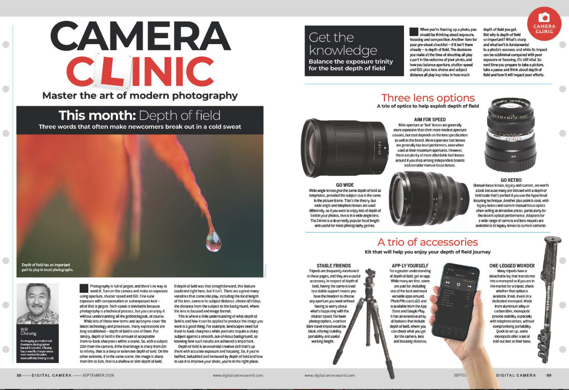 Image showing the first two pages of the Camera Clinic article in issue 311 (September 2026) of Digital Camera magazine, an 8-page masterclass on getting creative with depth of field