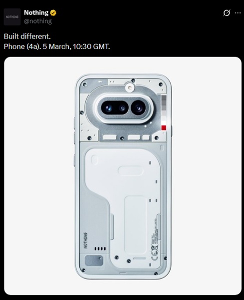A teaser of the Nothing Phone 4a in white with its Glyph Bar of vertical LEDs to the right of its horizontal camera array.