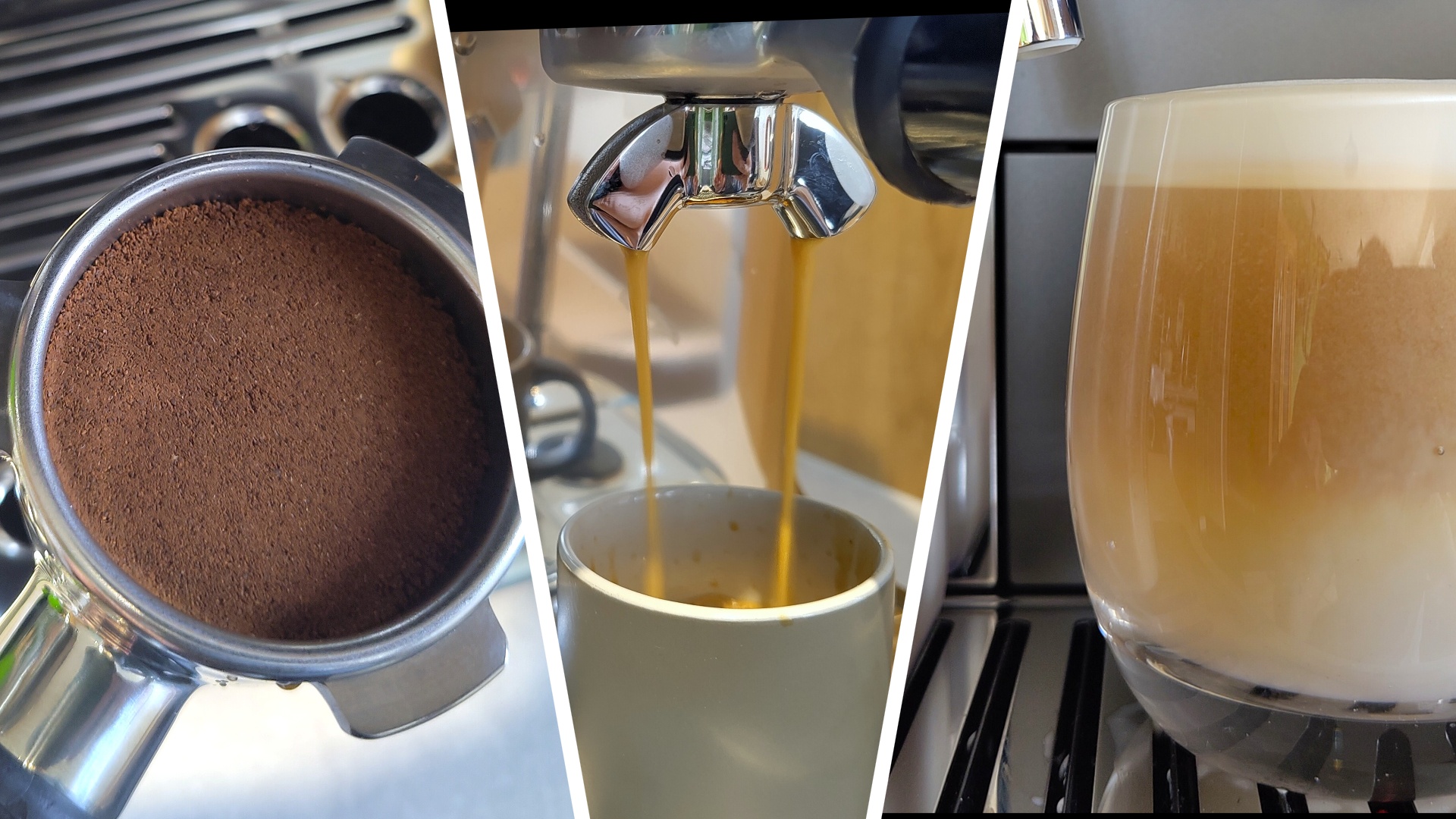 Split image showing ground coffee in portafilter, coffee maker dispensing espresso into cup, and glass containing macchiato made using home coffee maker