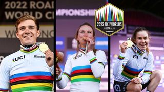 2022 World Champions Remco Evenepoel, Annemiek van Vleuten and Niamh Fisher-Black