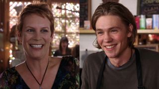 A side by side of Jamie Lee Curtis smiling and Chad Michael Murray smiling in Freaky Friday.