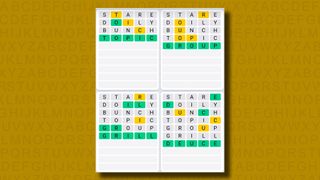 Quordle Daily Sequence answers for game 913 on a yellow background