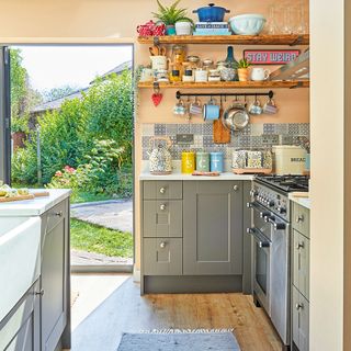 grey kitchen with peach walls