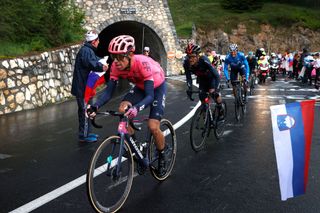 TIGNES FRANCE JULY 04 Rigoberto Urn of Colombia and Team EF Education Nippo Richard Carapaz of Ecuador and Team INEOS Grenadiers Enric Mas of Spain and Movistar Team during the 108th Tour de France 2021 Stage 9 a 1449km stage from Cluses to Tignes Monte de Tignes 2107m Public Fans LeTour TDF2021 on July 04 2021 in Tignes France Photo by Chris GraythenGetty Images