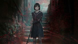 Silent Hill f; a Japanese girl stands in a grimy doorway