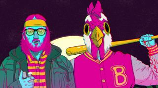 Hotline Miami chicken masked characters holding a baseball bat. The moon rises behind them.
