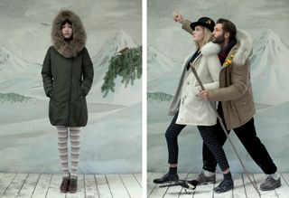 Left: Female model in a winter coat with hood up, hands in pockets, illustrated mountainous winter scene backdrop, white wooden floor. Right: Side shot of a male and female model in winter wear, looking into the distance, man pointing, illustrated mountainous winter scene backdrop, white wooden floor